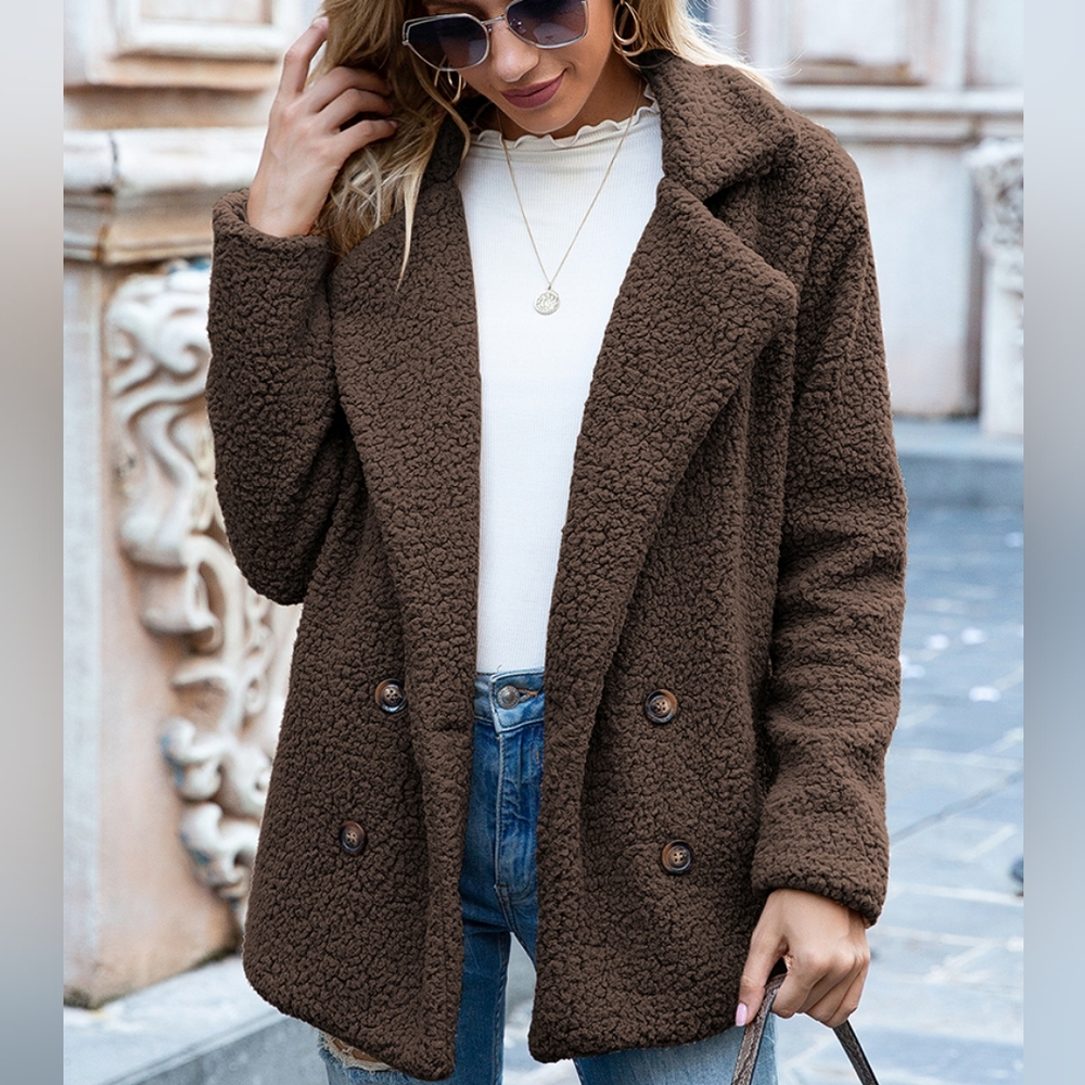 Sherpa Fusion Double-Breasted Coat - Chocolate - Picture 3 of 5
